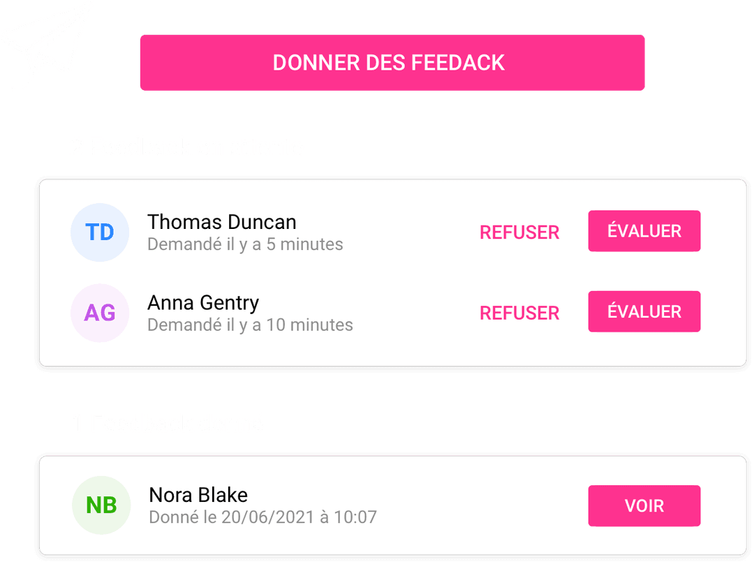 Interface Feedback 360° Octomine affichant demandes de feedback en attente avec actions Refuser/Évaluer et historique de feedback donné, outil d’évaluation collaborateurs RH.